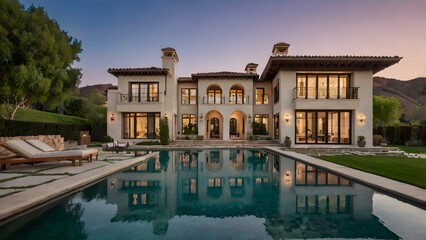 Exterior view of a luxury home in Calabasas, California, showcasing modern architecture, landscaped gardens, upscale residential design, and premium real estate lifestyle