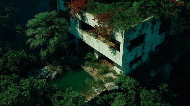 Maison moderne envahie par la jungle