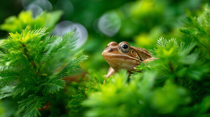 Obraz premium Environmental conservation featuring forest ecosystem preservation and endangered amphibian species, rare frog perched on foliage in humid preserved habitat, biodiversity protection, with
