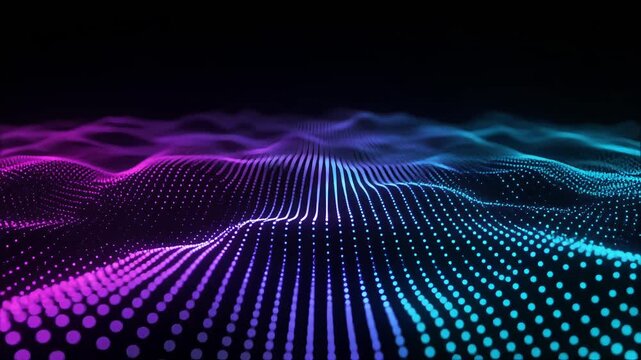 Vibrant digital wave pattern with purple and blue dots on dark background