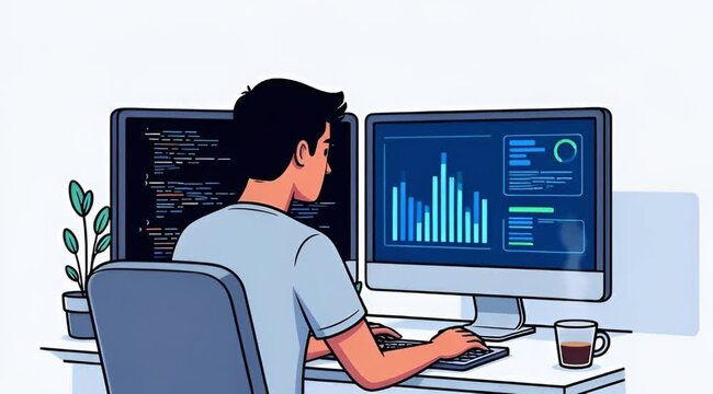 Developer Working on Dual Monitors with Code and Data Analysis