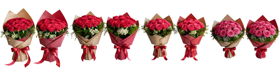 A row of colorful bouquets with red ribbons on transparent background