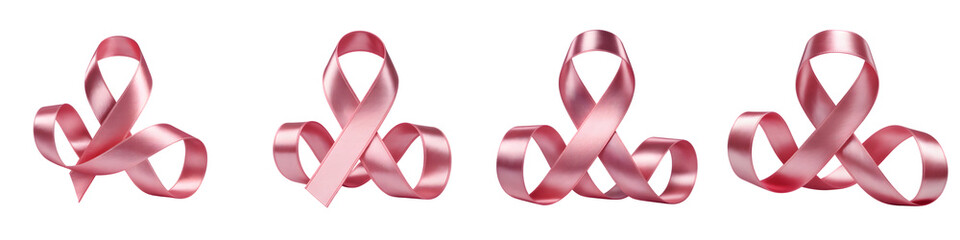 Three pink breast cancer awareness ribbons isolated on transparent background