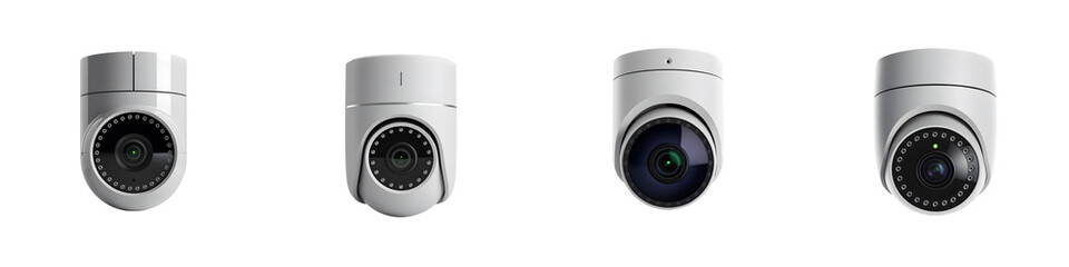 Four white security cameras isolated on transparent background