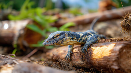 Fototapeta premium Powerful monitor lizard species navigating through fallen forest timber in natural habitat environment, reptilian movement, woodland ecosystem, defocused logs, with copy space
