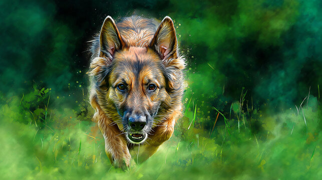 Belgian shepherd tracking wildfire risk indicators through verdant forest landscape, watercolor artistic style, focused canine determination, fire detection, with copy space