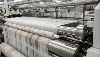 Naklejka premium Blended yarns made from recycled fibers moving through automated weaving looms showcasing innovative textile technology in medium shot of the production line.