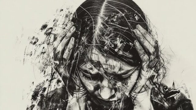 Video A black and white drawing of a woman covering her face, suitable for use in stories or scenes where character anonymity is important