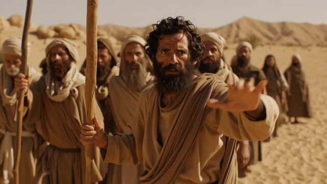 A man with a beard and curly hair gestures with his hand, leading a group of people through the desert in biblical times.