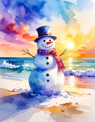 Watercolor snowman with hat & scarf on sandy beach, waves, sunset clouds, bright sun shines in background