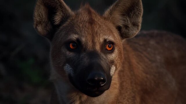 Intense gaze of a hyena with glowing orange eyes in the dim light of dusk.