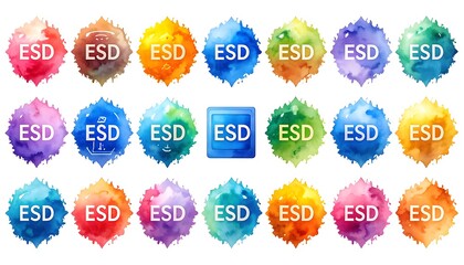 Watercolor splashes displaying the text "ESD" in various hues, arranged in orderly rows against a white background