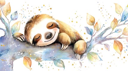 Obraz premium Watercolor Illustration Cute Baby Sloth Sleeping on Tree Branch Watercolor Illustration. Whimsical Nursery Art and Wildlife Concept. Sleeping sloth on a tree branch with a celestial pastel background.