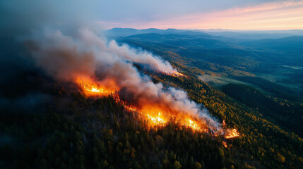 Fototapeta premium Wildfire erupting in forested region with aerial view of destructive flames and thick smoke, environmental impact, nature crisis, habitat destruction, with copy space