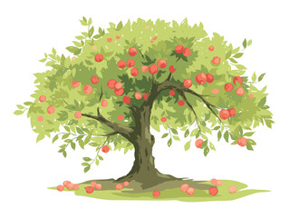 Old apple tree with ripe fruits. Vector illustration in watercolor style, lush tree with red apples.  Hand drawn author's drawing.