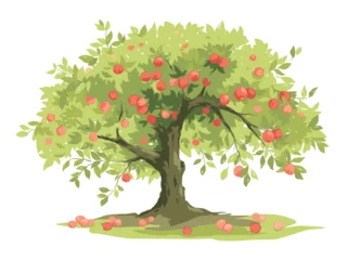 Old apple tree with ripe fruits. Vector illustration in watercolor style, lush tree with red apples.  Hand drawn author's drawing. © imagination13