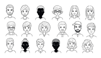 Collection of diverse people avatars featuring male and female individuals with various hairstyles, facial hair, and accessories for user profiles and team representation.