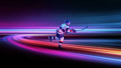Vibrant poster hockey player skating through neon light trails. Concept of speed, modern sports culture, digital motion, energy flow, and futuristic athletic branding. © master1305