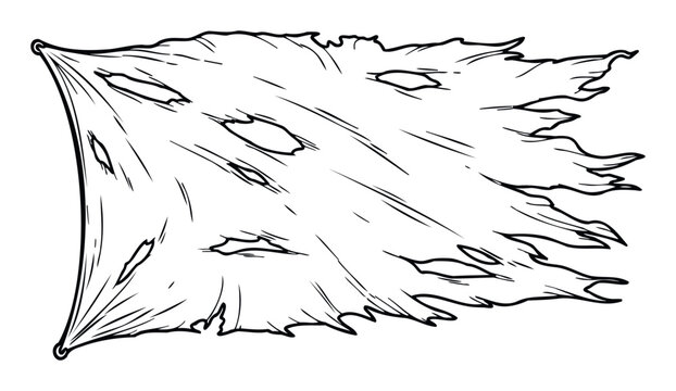 Grungy old ripped flag flying with ragged edges and tears symbolizing distress and abandonment for historical references, pirate themes, or worn fabric textures in graphic media