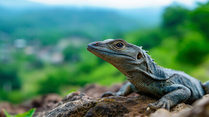 Obraz premium Monitor lizard species maintaining alert position on elevated rocky outcrop overlooking vast valley landscape, reptilian guardian, territorial behavior, with copy space