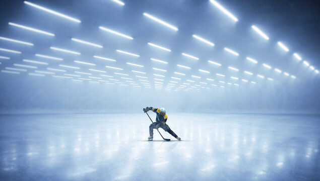 Dynamic artwork ice hockey player shooting puck on empty rink under bright arena lights. Concept of professional training, power shot technique, sports advertising, athlete performance and motivation.