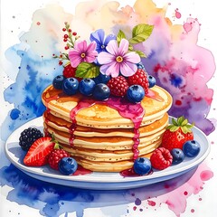 Watercolor stack of pancakes with mixed berries and flowers on a plate against a colorful splattered background