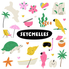 Seychelles Travel Icons Set with Tropical Animals, Island Symbols and Travel Icons. Cute Flat Vector Illustration