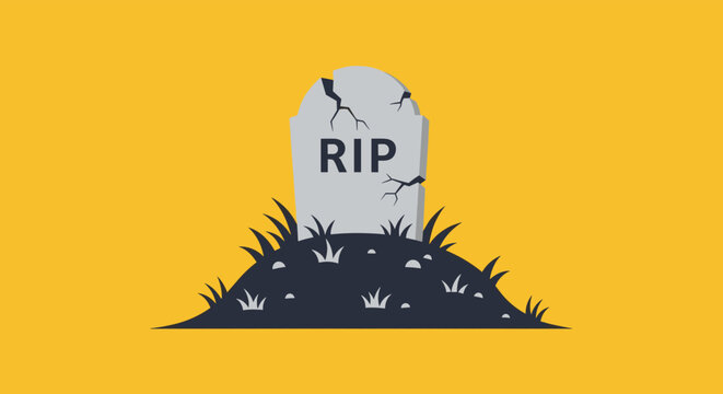 Gray cracked gravestone with RIP text stands on a small dark mound of dirt against a bright solid yellow background for mourning.