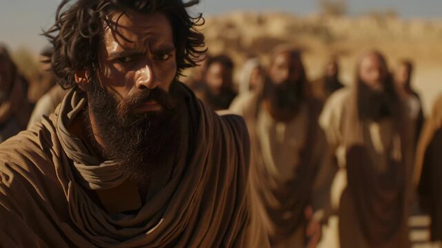 Bearded man with a staff leading his people in desert, biblical era scene of journey and courage in arid land