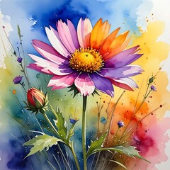 Watercolor wildflower in bright, vivid colors with a yellow center and colorful petals on a watercolor background