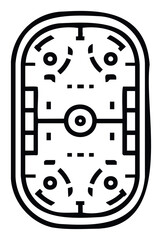 Obraz premium Black outline icon of an ice hockey rink or sports court with goal areas and center faceoff dot, ideal for sports apps, game interfaces, or athletic event schedules.