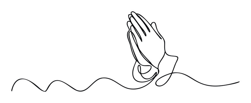 Continuous line drawing of hands together in a prayer pose, symbolizing faith, devotion, and hope, ideal for spiritual guidance, religious content, or wellness and meditation applications.