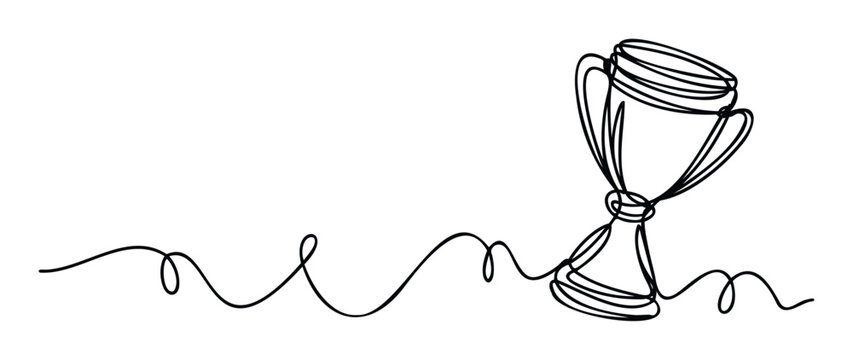 Continuous line drawing of a stylized trophy cup connected by a wavy abstract line, symbolizing victory and success, perfect for sports event promotions or achievement recognition materials.