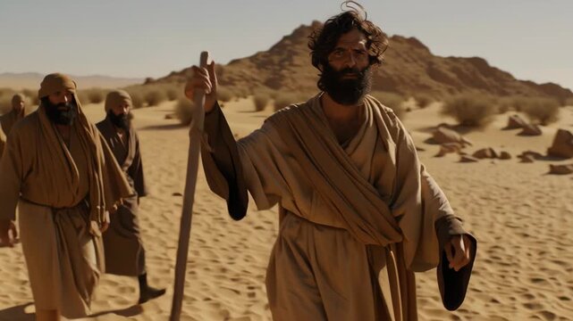 A man leads ancient people through a barren desert, guiding them with a staff during a biblical journey or exodus event.