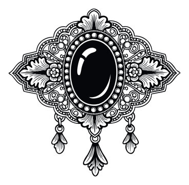 Intricate black and white vintage jewelry brooch with detailed floral and scrollwork motifs surrounding an oval gemstone suitable for elegant accessories or historical graphic projects