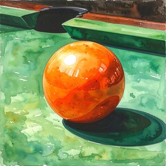 Watercolored orange sphere rests on a green surface with blurred shapes, casting a soft shadow below