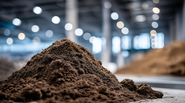 Close-up of pile of organic compost material inside large indoor facility, rich textures of decomposing plant matter, soft industrial lighting highlighting details, composting