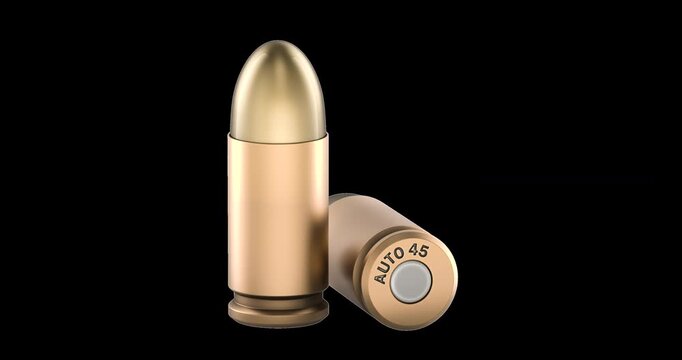 Two handgun cartridges rotation animation seamlessly loopable. 3D rendering isolated on transparent background