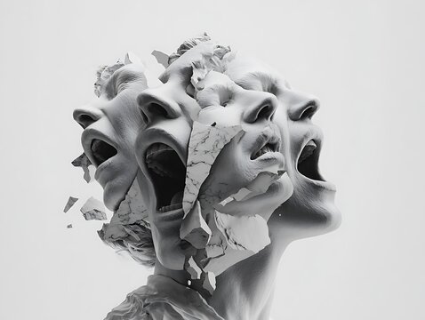 Schizophrenia, dissociative identity, bipolar disorder, internal A multi-faced head shattering. This powerful image symbolizes dissociative identity disorder, internal screaming, and mental breakdown.