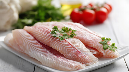 Fresh raw fish fillets arranged on white surface, soft pink texture and natural shine highlighting quality, culinary seafood and healthy eating themes, defocused white background,