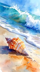 Watercolor style beach scene featuring a large seashell, waves, and blue sky on a sunny day