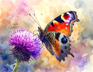 Watercolor-style butterfly perches on a purple thistle against a soft, blended background of various pastel hues