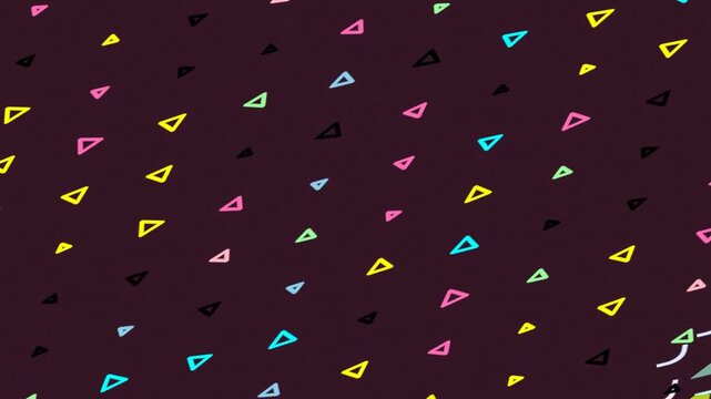 Abstract pattern of small, colorful hand-drawn triangles scattered across a dark background, creating a playful and dynamic texture.