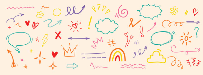 Hand drawn marker doodle element set with arrows, hearts, crowns, stars, underline strokes and colorful scribble shapes for playful design accents and sketch style icons stock illustration © sansala