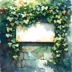 Watercolor style blank sign covered in lush green ivy on a textured brick wall bathed in sunlight