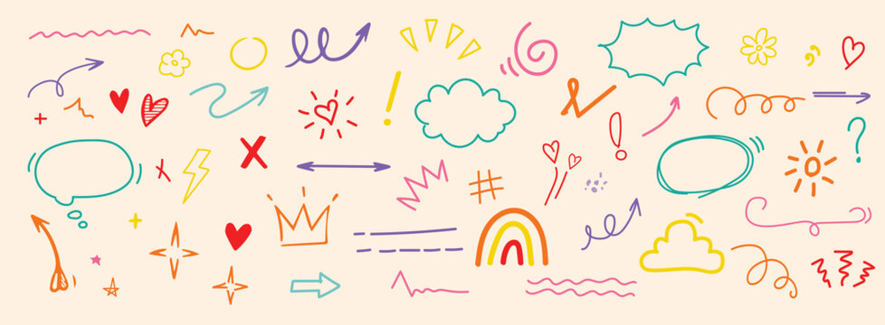 Hand drawn marker doodle element set with arrows, hearts, crowns, stars, underline strokes and colorful scribble shapes for playful design accents and sketch style icons stock illustration