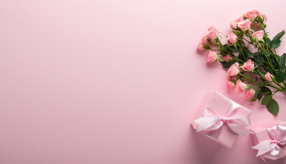 Obraz premium Gift, present box decorated with pink ribbon bow, rose flower bouquet on pink background. Valentine's day, February 14, birthday, 8 march women's day gift. Love and romance. Spring.