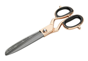 antique dressmaker's shears with dark damascus blades and luxurious rose gold/ebony wood handles, captured macro against a white studio background. concept of heirloom quality tailoring equipment