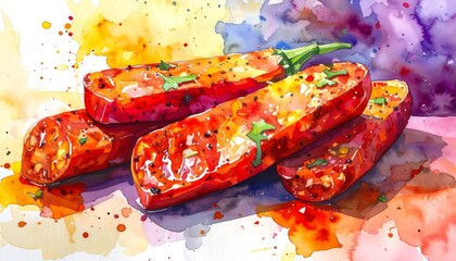 Watercolor style chorizo illustration with colorful splatters, showcasing vibrant, delicious sausages in vivid detail