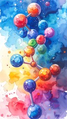 Watercolor style depiction of a whimsical colorful molecule with interconnected spheres on a vibrant background